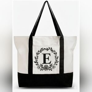 Monogrammed Embroidered Canvas Tote Bag Zipper Pocket Personalized Gift Letter E